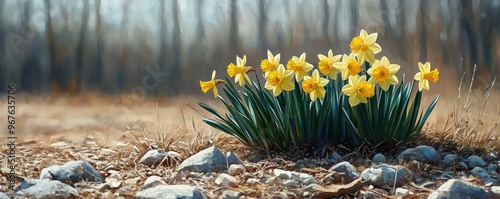 A small patch of daffodils blooming in early spring, with yellow trumpet-shaped flowers photo