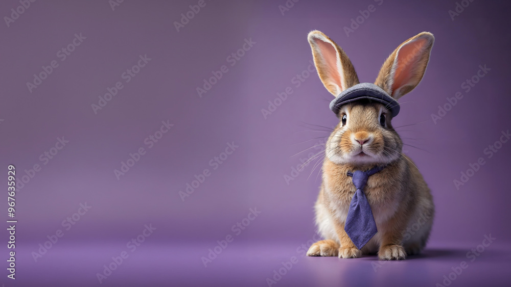 Fototapeta premium A bunny with a hat and tie on a banner with space for text with a purple background. easter holidays