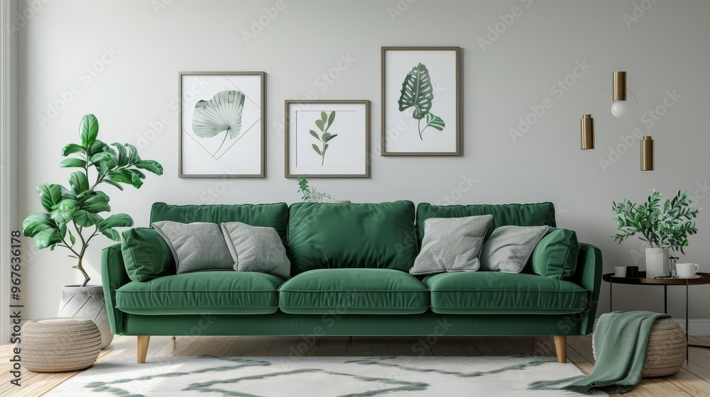 A modern living room features a rich green velvet sofa with light throw pillows, framed botanical prints, and lush indoor plants, creating a bright, inviting atmosphere. A modern living room features a rich green velvet sofa with light throw pillows, framed botanical prints, and lush indoor plants, creating a bright, inviting atmosphere.