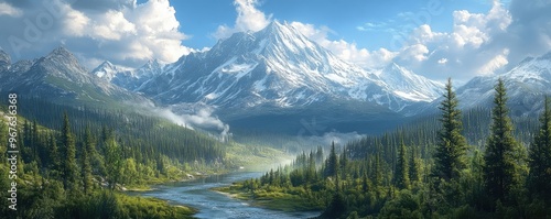 A snowy mountain peak rising above a forest of evergreen trees, with a winding river below