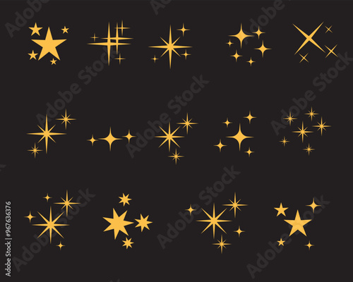 Sparkles stars, Shiny magic Christmas effect, twinkle sparkle star silhouette, tattoo design, glitter group set Vector gold.