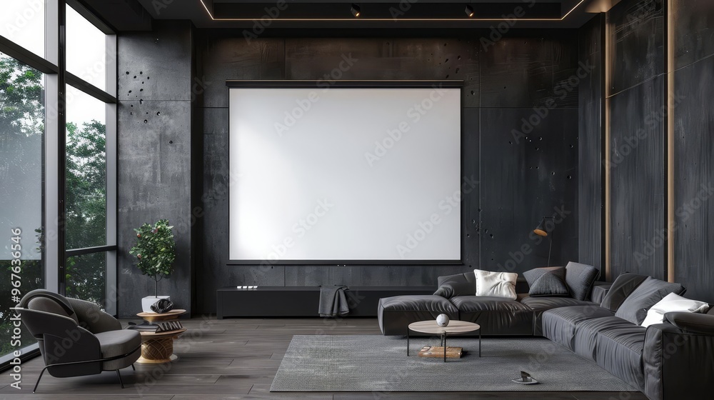 A sleek, modern living room with dark wood and metallic accents, flooded with natural light from floor-to-ceiling windows. A sleek, modern living room with dark wood and metallic accents, flooded with natural light from floor-to-ceiling windows.