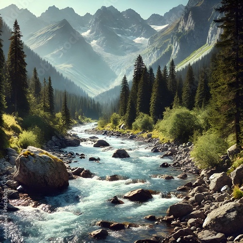 Picturesque view of a mountain river flowing through a forested area photo