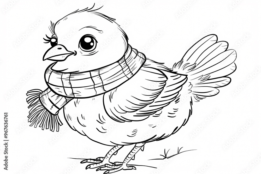 Obraz premium A cute cartoon bird with big eyes wearing a cozy scarf, ready for winter adventures. Perfect for coloring!