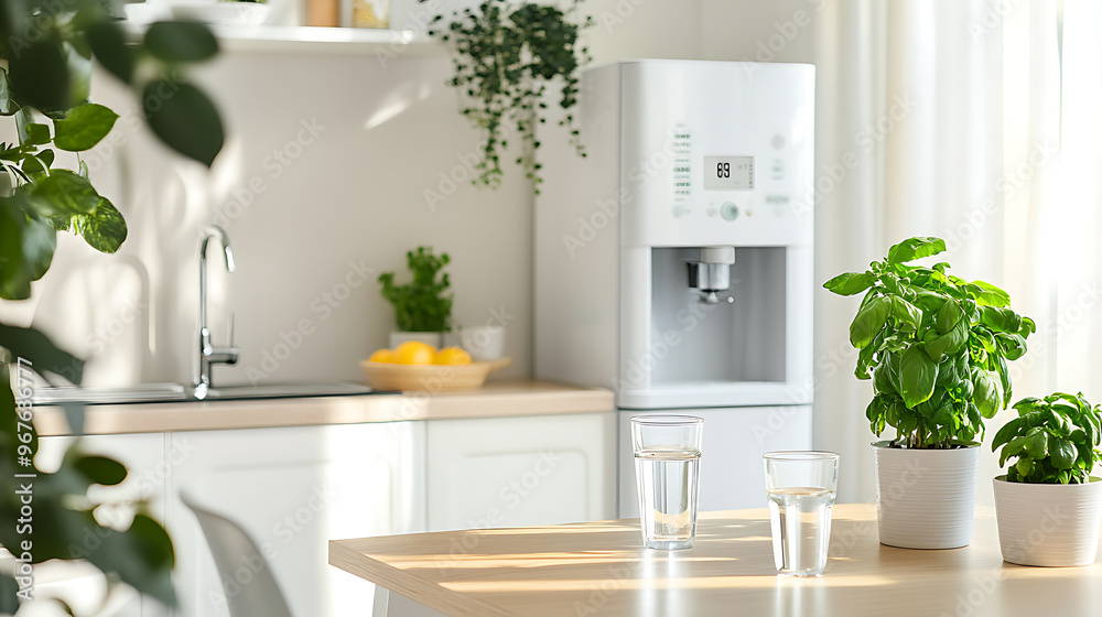 Modern kitchen interior with glass of water and green plants, closeup Modern kitchen interior with glass of water and green plants, closeup