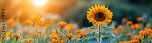 A sunflower towering over a garden of marigolds, both blooming brightly in the summer sun photo