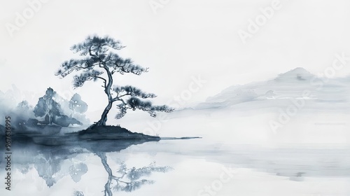 A tranquil landscape features a solitary tree on a small island, surrounded by calm waters. Fog envelops distant mountains, creating a dreamlike atmosphere and reflecting peaceful hues.