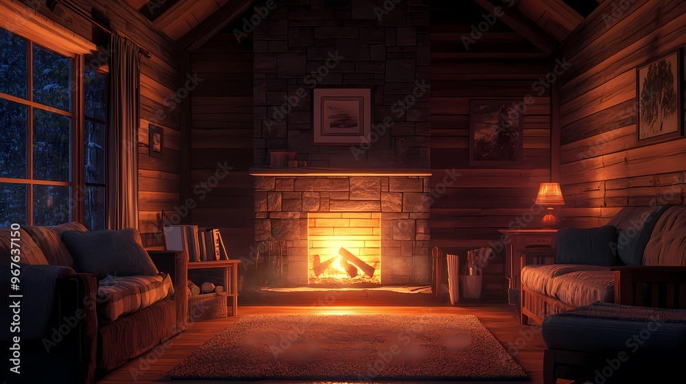 Cozy cabin interior with a warm fireplace and rustic wooden decor. Cozy cabin interior with a warm fireplace and rustic wooden decor.