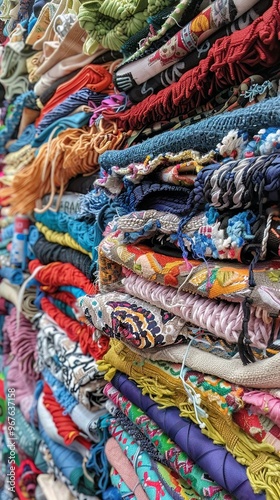 A vibrant close-up of a colorful stack of handmade textiles, showcasing intricate patterns and embroidery. visual mosaic highlights creativity and craftsmanship, perfect for design projects.