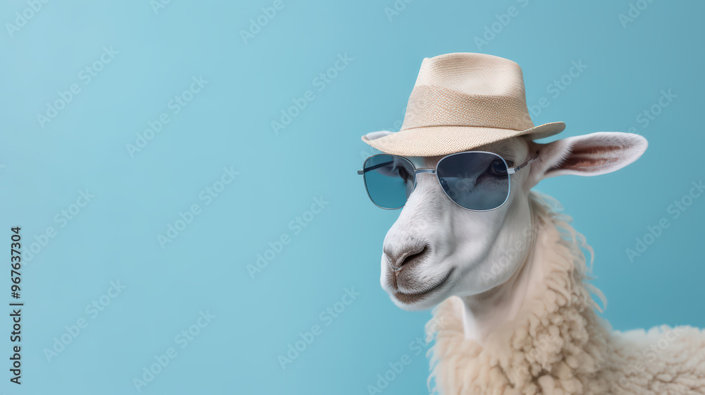 Fototapeta premium Sheep with sunglasses against a blue background For Eid adha Mubarak