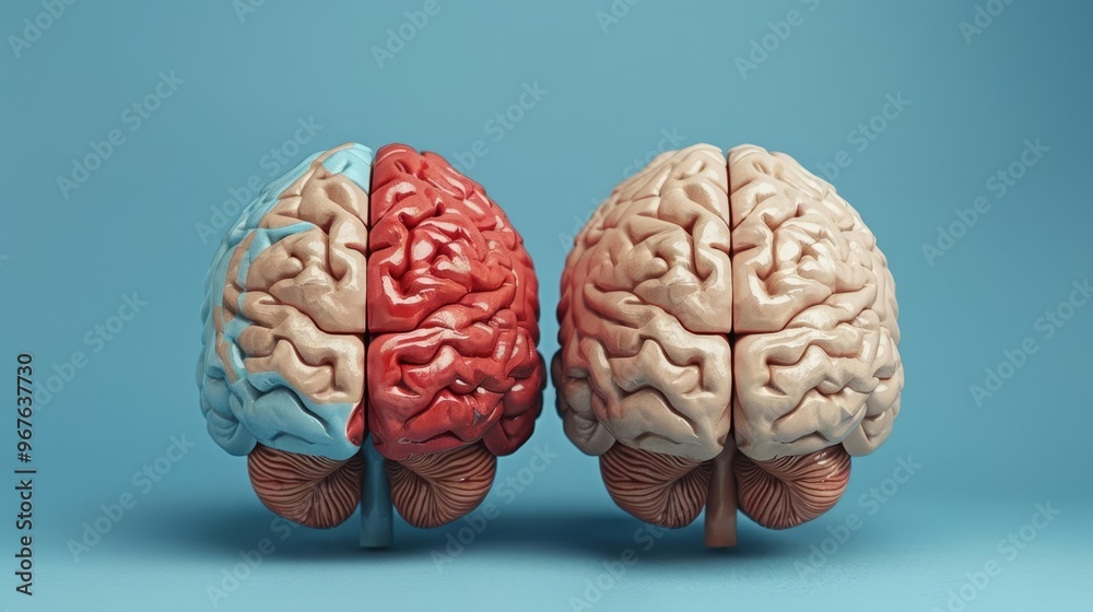 A vibrant representation of a human brain split into blue and red hemispheres, showcasing intricate textures and symbolizing creativity and emotion, ideal for educational or mental health themes. A vibrant representation of a human brain split into blue and red hemispheres, showcasing intricate textures and symbolizing creativity and emotion, ideal for educational or mental health themes.