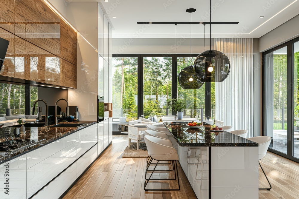 Modern kitchen with white cabinets, black and brown countertop island, dining table, white chairs, gray walls, and large window with greenery. Modern kitchen with white cabinets, black and brown countertop island, dining table, white chairs, gray walls, and large window with greenery.