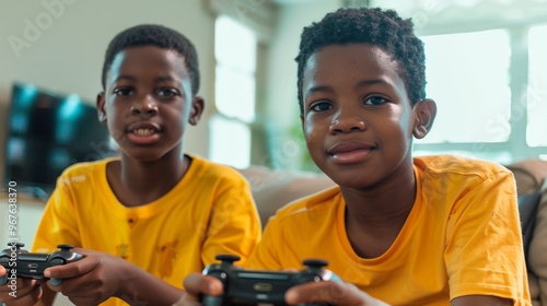 Two boys enjoying video games together in a modern, brightly lit living room.