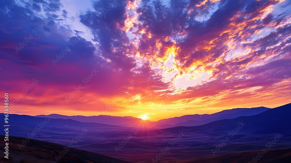Stunning sunset over vast valley with vibrant orange, purple, and blue skies. Stunning sunset over vast valley with vibrant orange, purple, and blue skies.