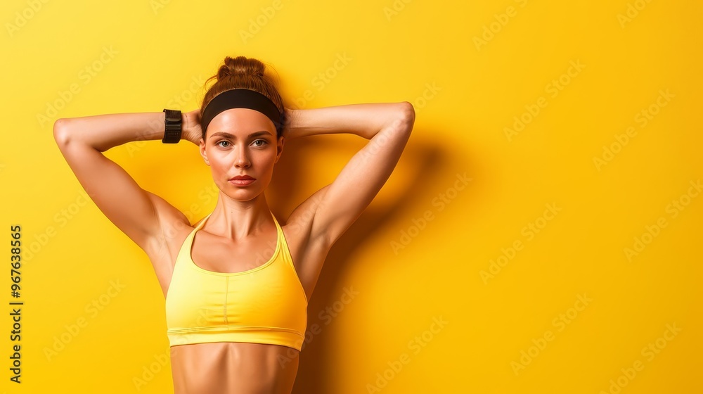 Young woman in sportswear looking determined on a yellow background. Young woman in sportswear looking determined on a yellow background.