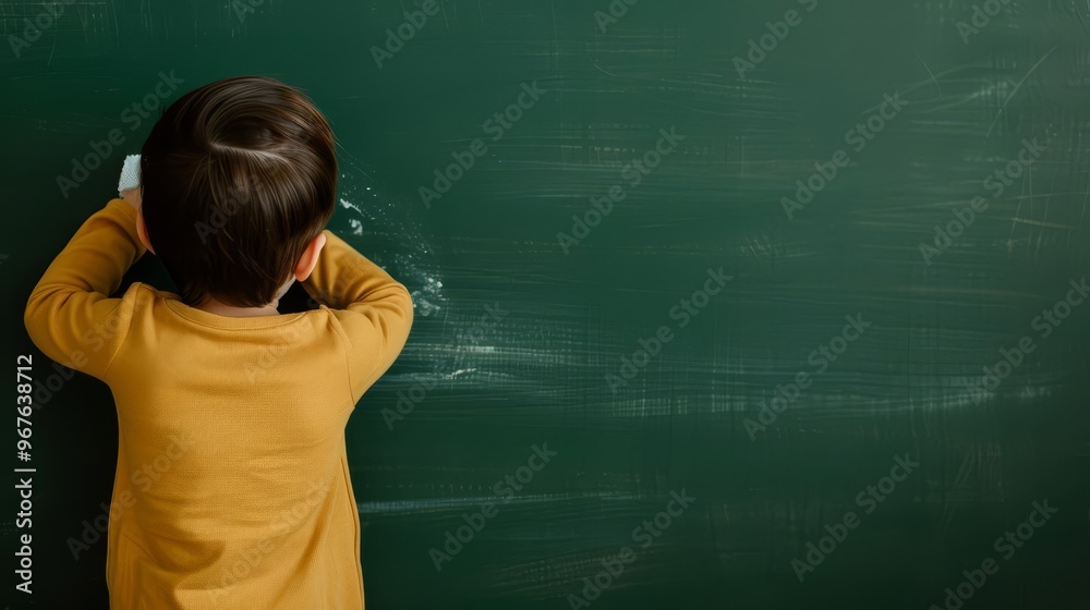 A child diligently cleaning a blackboard with copy space A child diligently cleaning a blackboard with copy space