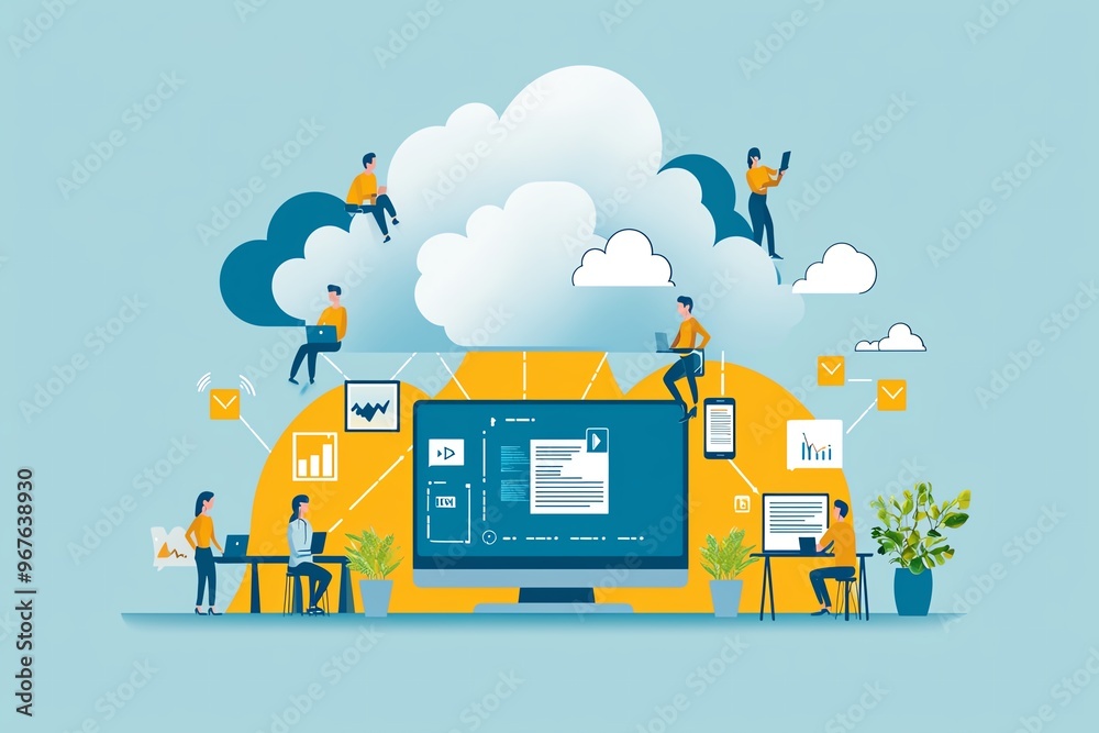 Startup using cloud technology, team collaborating remotely, flat design illustration Startup using cloud technology, team collaborating remotely, flat design illustration