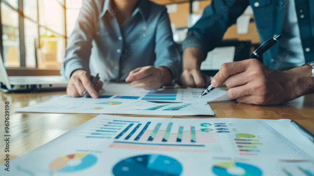 Two colleagues discuss data and graphs during a business meeting. Two colleagues discuss data and graphs during a business meeting.