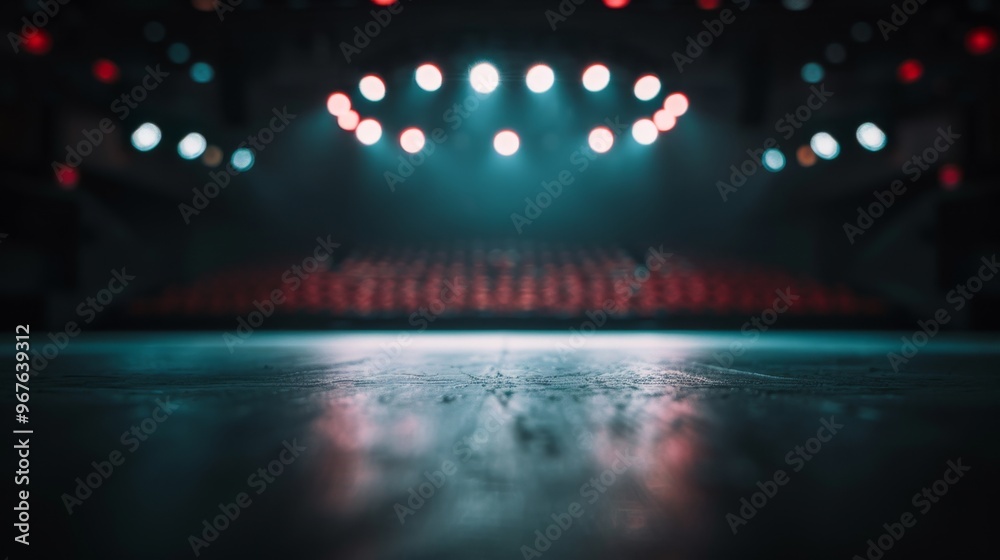 Naklejka premium A dark stage with spotlights illuminating the empty floor. The stage is ready for a performance.