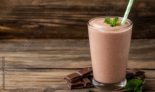 A glass of milk chocolate shake on a wooden table. Summer drink 