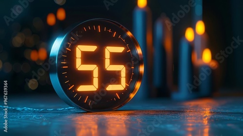 Digital timer displaying 55 seconds with warm candlelight background. photo