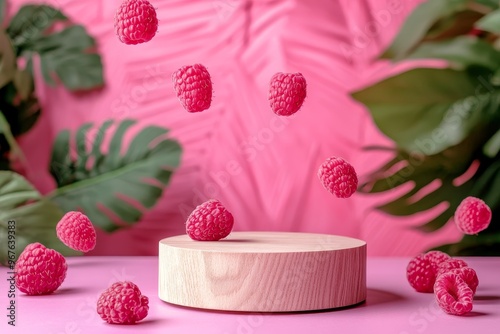Fresh Raspberries Falling Around a Wooden Podium with Tropical Leaves, Minimalist Pink Background.