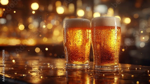 Two glasses of beer on a rustic table with bokeh lights in the background