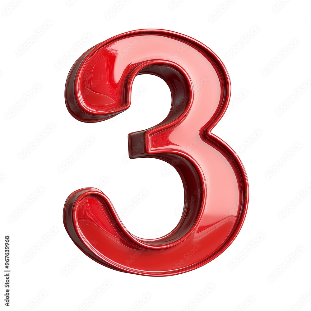 Bright red number three on a plain background, cut out transparent Bright red number three on a plain background, cut out transparent