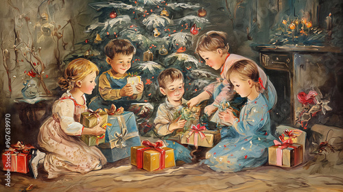 Five children opening presents on the background of a Christmas tree. A cartoon painting evoking the magic of christmas and new year for the whole family