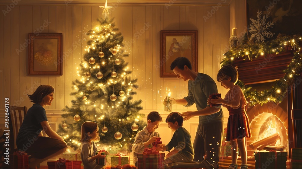 Family with children is gathering in their living room, opening christmas and new yea presents in the warm golden glow of the christmas tree and fireplace Family with children is gathering in their living room, opening christmas and new yea presents in the warm golden glow of the christmas tree and fireplace