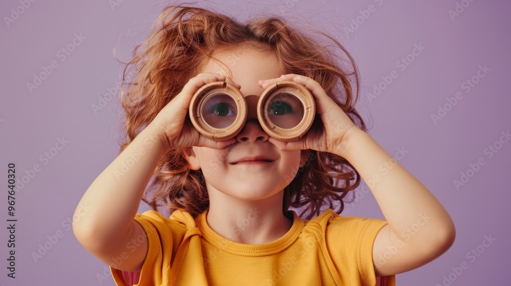 Studio image of a child holding paper binoculars up to their eyes, showcasing their adventurous spirit and playful nature. Studio image of a child holding paper binoculars up to their eyes, showcasing their adventurous spirit and playful nature.