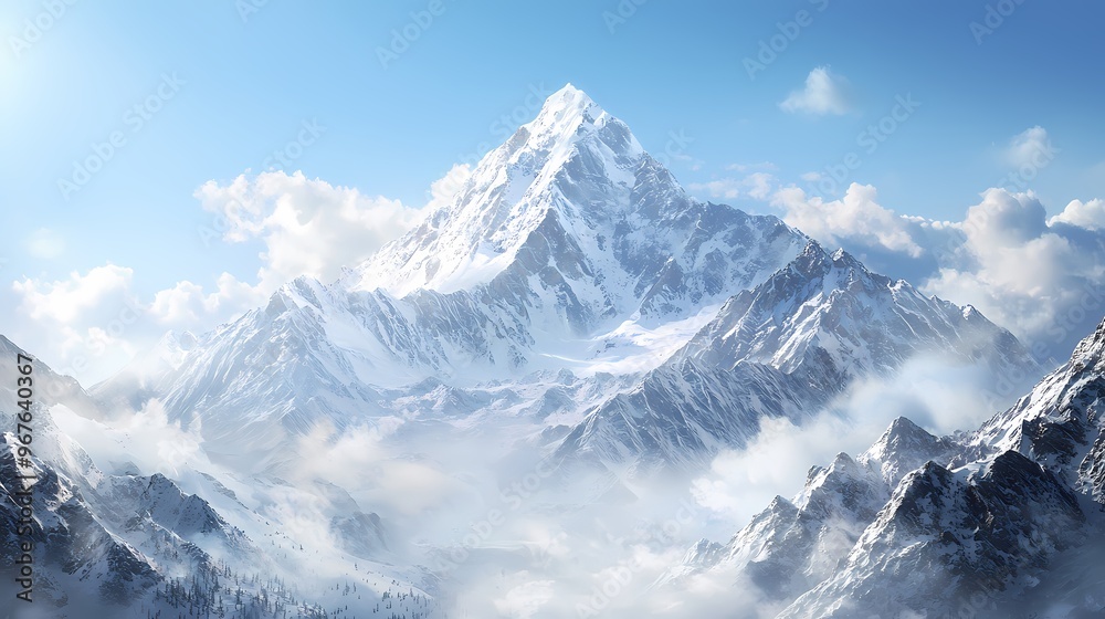 Majestic snow-capped mountain towering over a serene landscape. Majestic snow-capped mountain towering over a serene landscape.
