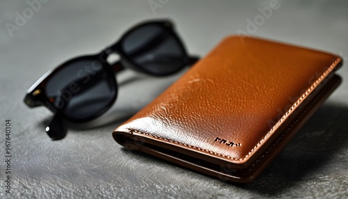 Elegant brown leather wallet paired with stylish sunglasses on a textured backdrop