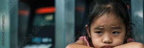 A girl is sad and disappointed by an empty ATM, highlighting financial issues with copy space