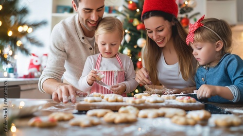 Young family is enjoying some quality time together while baking and decorating christmas cookies in their cozy kitchen on a New Year background at home