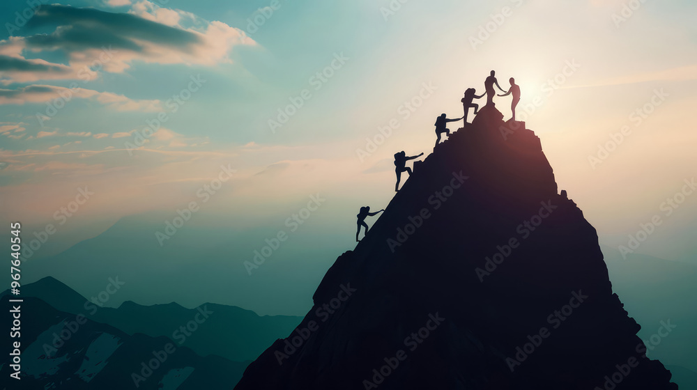 Silhouettes of climbers reaching the summit of a mountain at sunset. Silhouettes of climbers reaching the summit of a mountain at sunset.