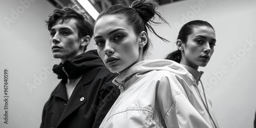 In a minimalist setting, three models present dynamic postures, clad in avant-garde sportswear. The atmosphere is charged with creative energy and the anticipation of fashion innovation
