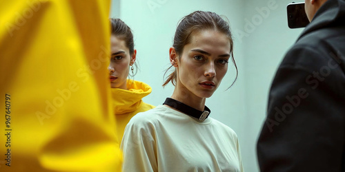 Models showcase innovative high fashion sportswear in an artistic setting, capturing the essence of couture with vibrant colors and captivating expressions while preparations unfold around them