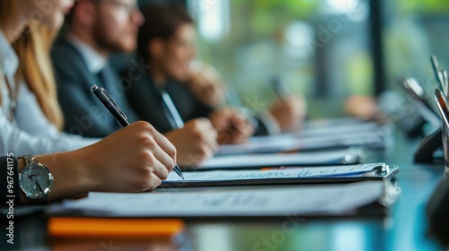 Professional in a meeting actively listening and taking notes, demonstrating awareness and engagement with the discussion