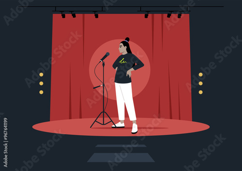 A confident performer stands poised on stage in front of a red curtain, ready to captivate the audience with their voice at a lively evening event