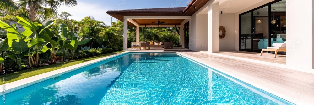 Fototapeta premium Private pool with clear blue water and a modern villa in the background.