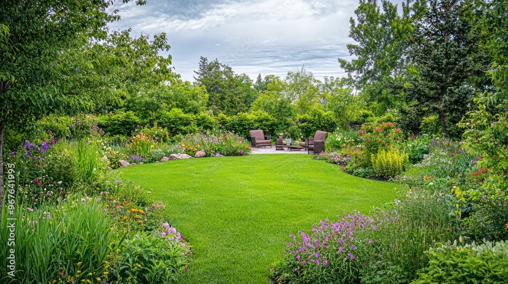 Generous garden with ample green space, flowers, and seating areas, emphasizing the spacious and lush environment Generous garden with ample green space, flowers, and seating areas, emphasizing the spacious and lush environment