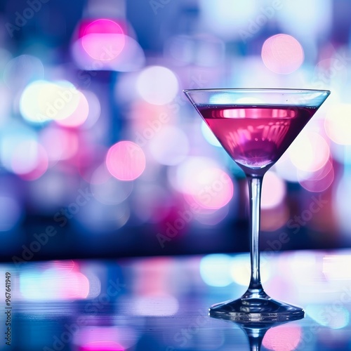 A martini glass filled with a pink cocktail, against a backdrop of colorful bokeh lights.