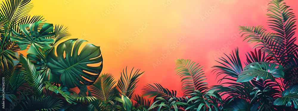 Vibrant tropical foliage with rich green leaves against a stunning gradient sunset background, creating a serene and exotic atmosphere. Vibrant tropical foliage with rich green leaves against a stunning gradient sunset background, creating a serene and exotic atmosphere.