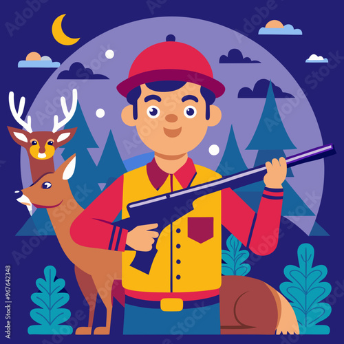 Confident hunter holding a rifle with deer in a serene woodland setting at night