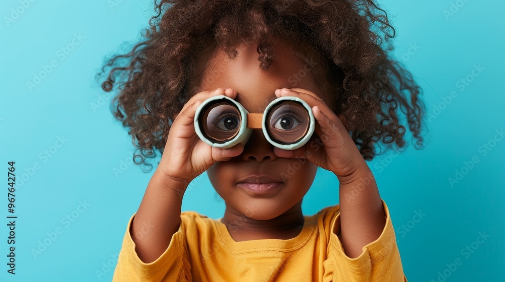 Studio portrait of a young child holding and peering through paper binoculars, highlighting their playful exploration.