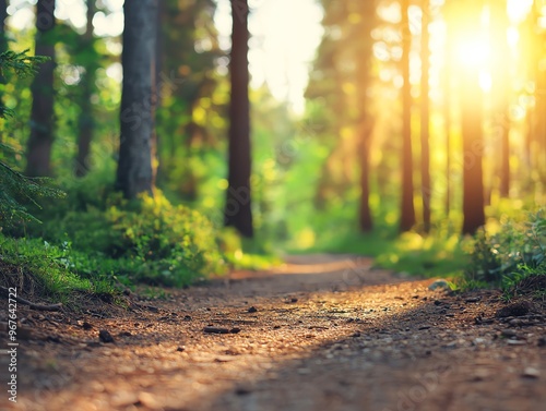 Radiant golden hour sunbeams illuminating a quiet forest path, nature's glowtime, peaceful and inspiring landscape photo