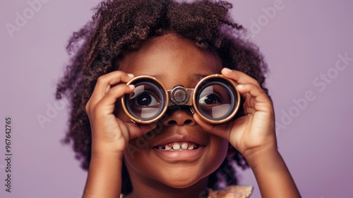 Studio photograph of a child holding paper binoculars to their eyes, emphasizing their sense of discovery and excitement.