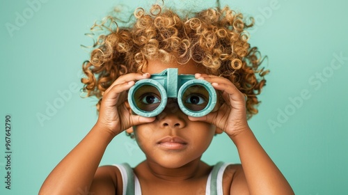 Portrait of a young child in a studio, looking through paper binoculars, illustrating a moment of playful curiosity. photo