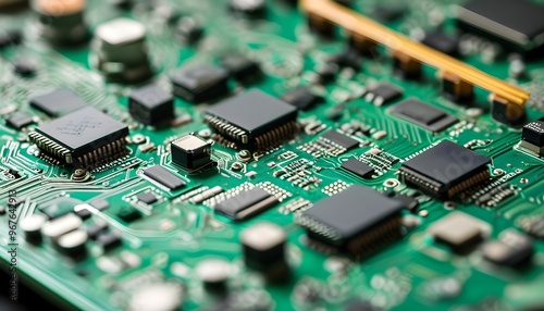 Intricate Patterns of Electronic Components on a Green Circuit Board Close-Up